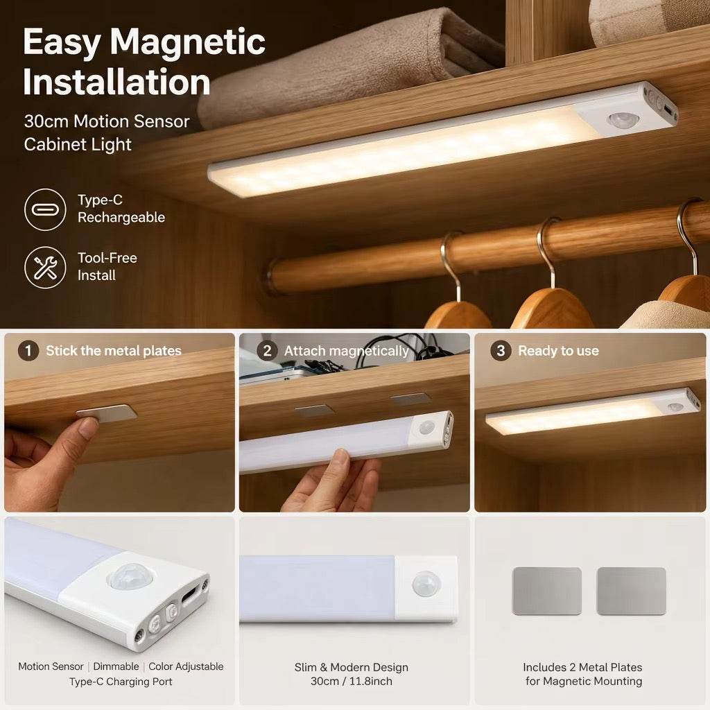 30cm Modern Rechargeable Motion Sensor LED Cabinet Light Under Cabinet Lamp Magnetic 3 Color Stepless Dimming