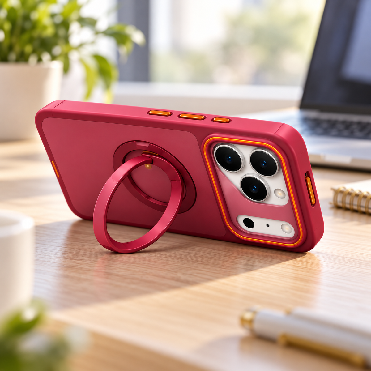 Pink iPhone case ring stand used as a kickstand