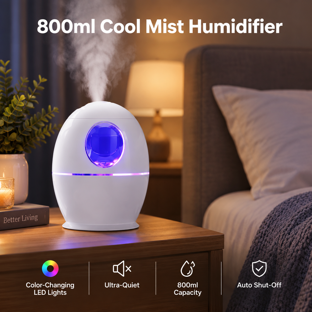 800ml Cool Mist Humidifier with Colour-Changing Light – Quiet, Top-Fill