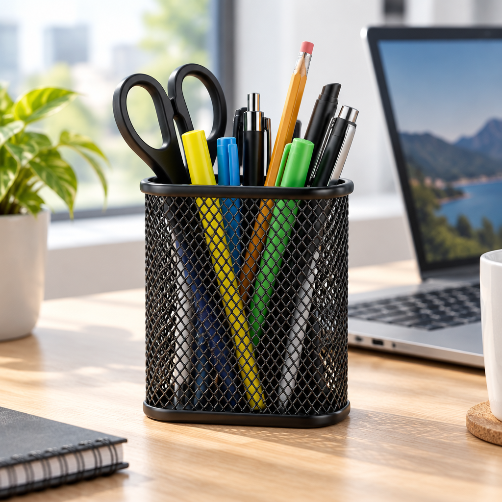 Black Metal Mesh Pen Holder