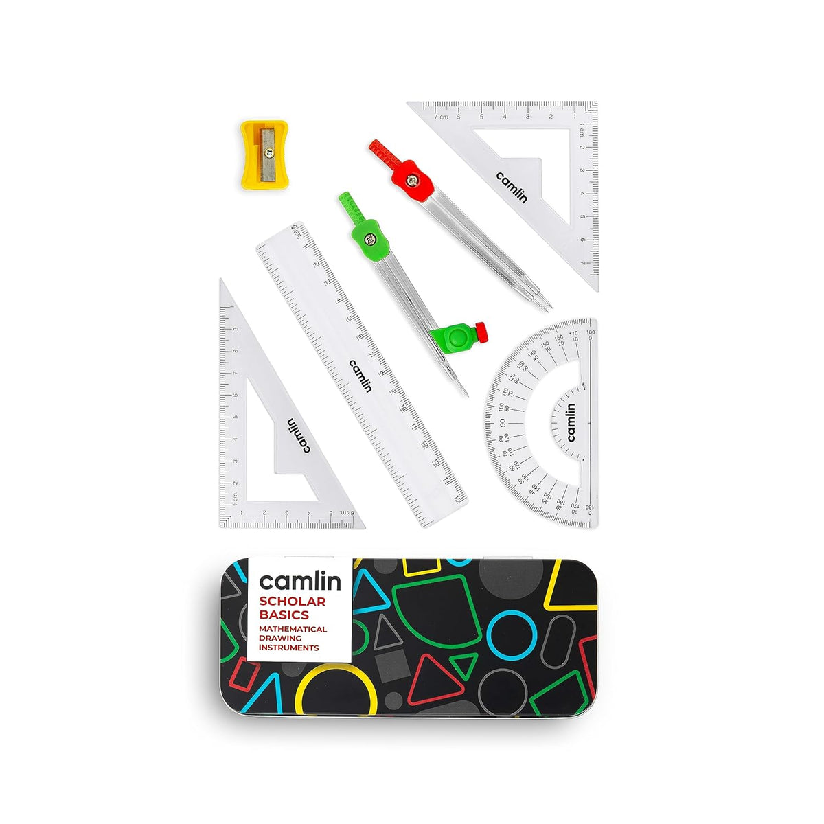 Camlin Scholar Basics geometry box with instruments displayed