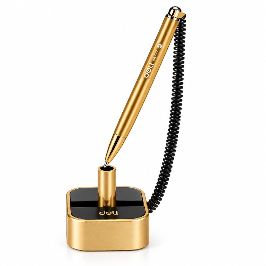 Deli E6797 blue ink desk pen stand black and gold