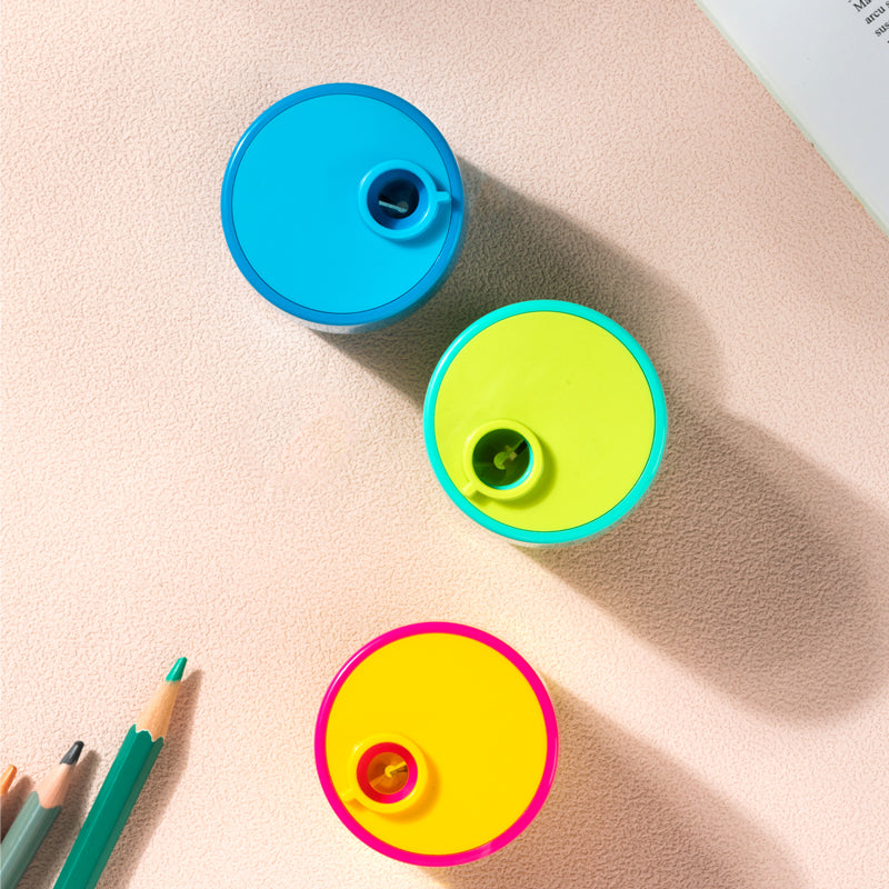 Deli EH558 two-hole pencil sharpener with canister open