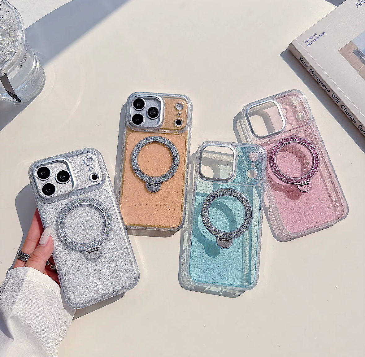 Glitter phone cases with fold-out ring stand, supplier colour assortment