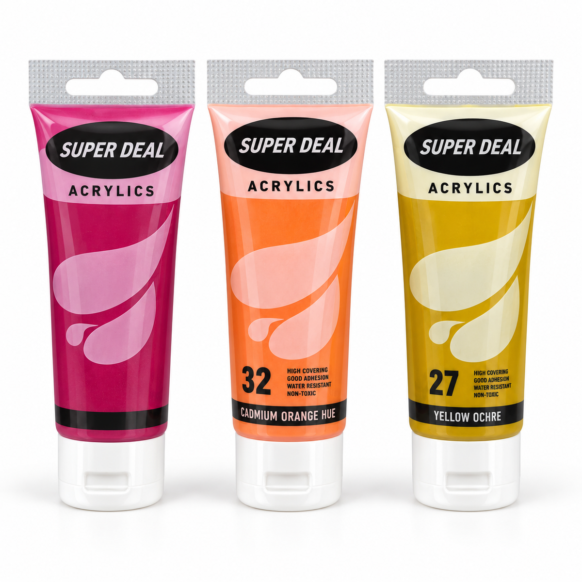 Super Deal acrylic paint tubes in Magenta, Cadmium Orange Hue and Yellow Ochre