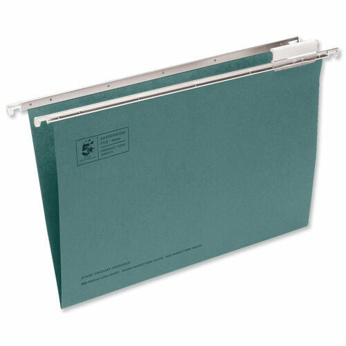 Suspension file folder with metal hanging rails and label card holder