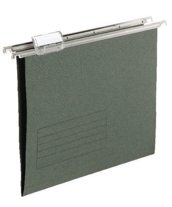 Green suspension file folder with metal hanging rail and label holder