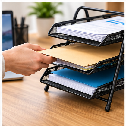 3-Tier Metal Mesh Office Tray, Black