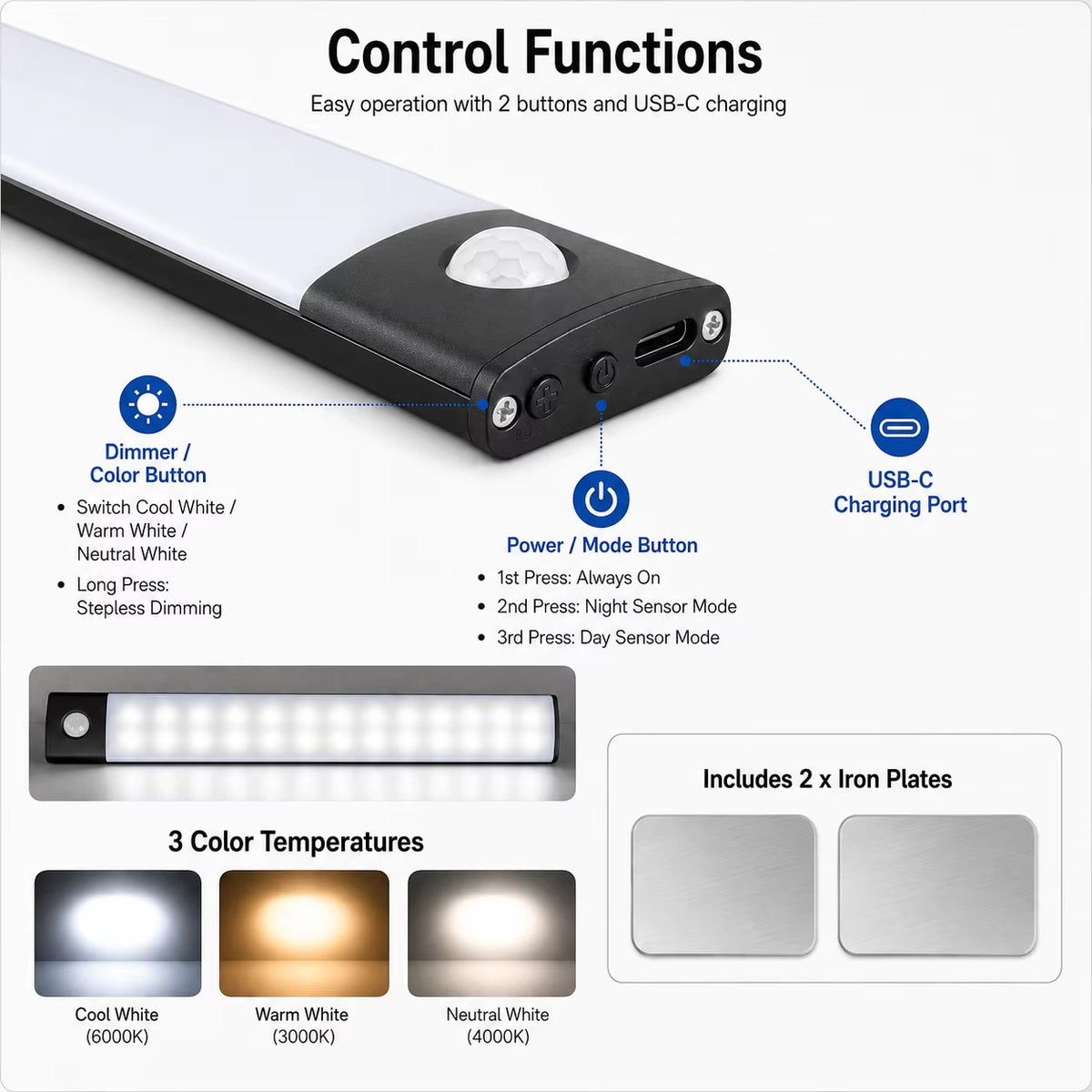 30CM Rechargeable Motion Sensor Modern LED Cabinet Light 3 Color Stepless Dimmable Type-C