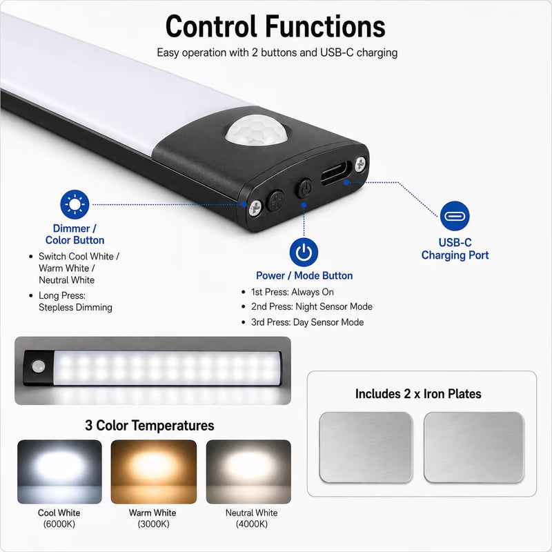 30CM Rechargeable Motion Sensor Modern LED Cabinet Light 3 Color Stepless Dimmable Type-C