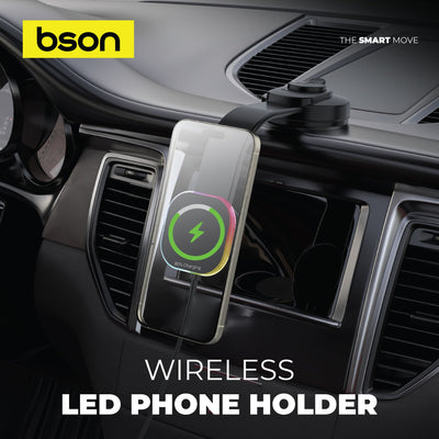 Bson Wireless LED Car Phone Holder – 15W Fast Charging, MagSafe Compatible, 360° Rotation