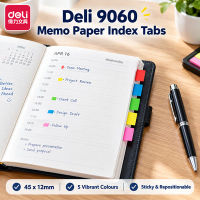 Deli 9060 Memo Paper Index Tabs – 45 × 12 mm, 5 Colours × 20 Sheets