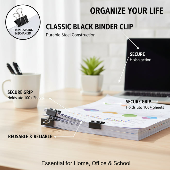 Black Metal Binder Clips 100 Pack