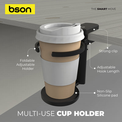 Bson Multi-Use Cup Holder for Car, Stroller & Desk – Strong Clip, Non-Slip Silicone Pad