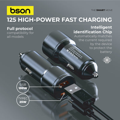 Bson 48W Fast Car Charger – Dual USB-A & USB-C, QC3.0 + PD 25W, Smart Safety