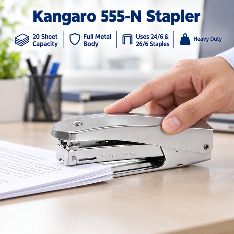 Kangaro 555N Stapler – 20 Sheets, Full-Metal, 24/6 & 26/6