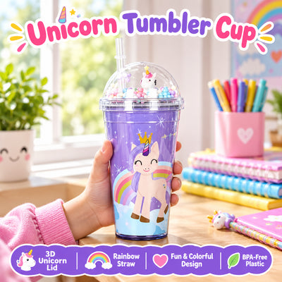 Unicorn Water Bottle with 3D Unicorn Lid & Straw – Colourful Bubble Double-Wall Cup, BPA-Free