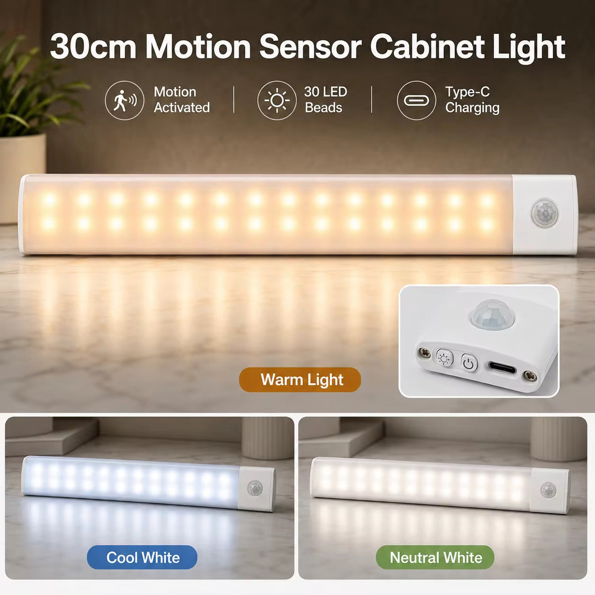 30cm Modern Rechargeable Motion Sensor LED Cabinet Light Under Cabinet Lamp Magnetic 3 Color Stepless Dimming