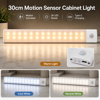 30cm Modern Rechargeable Motion Sensor LED Cabinet Light Under Cabinet Lamp Magnetic 3 Color Stepless Dimming