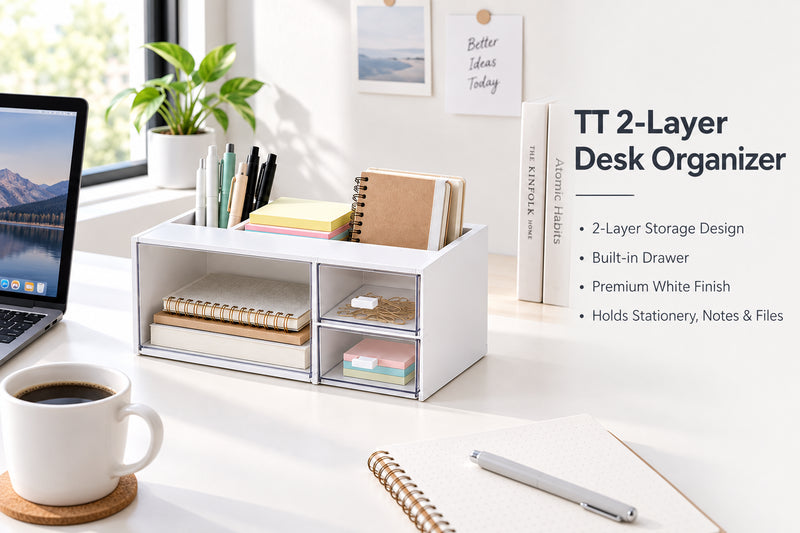 TT white 2-layer desk organizer with drawer