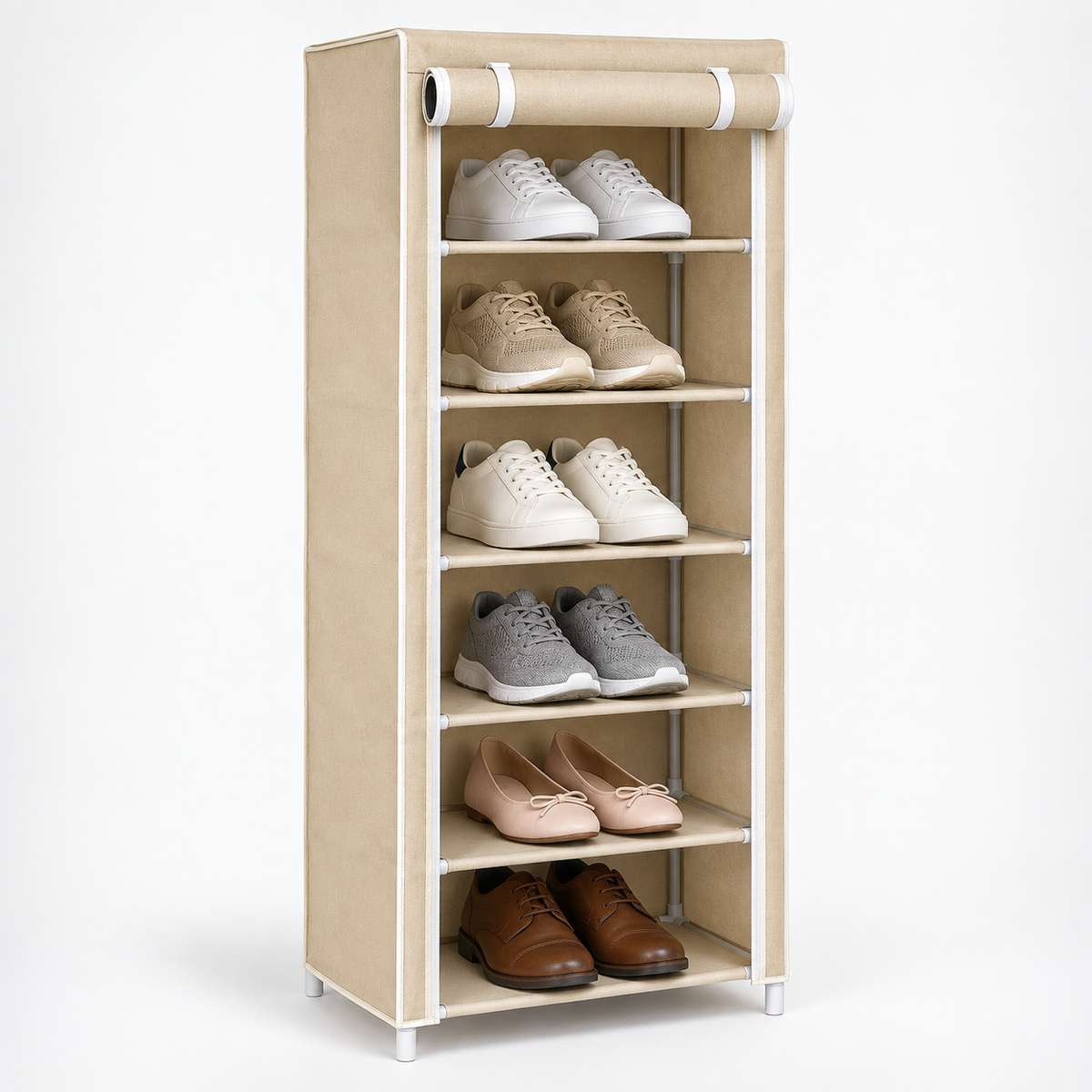 Beige 6-grid fabric shoe cabinet with roll-up cover