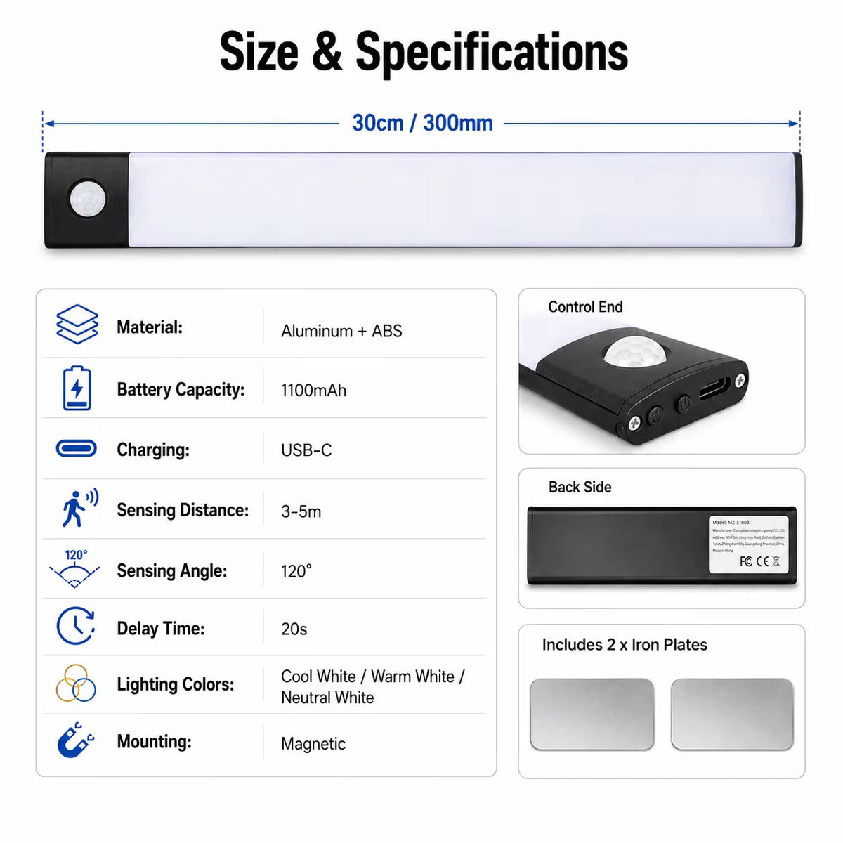 30CM Rechargeable Motion Sensor Modern LED Cabinet Light 3 Color Stepless Dimmable Type-C