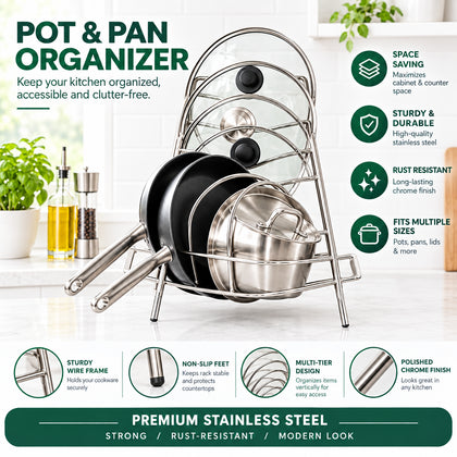 Stainless Steel Kitchen Storage Rack – Pan & Pot Lid Organizer