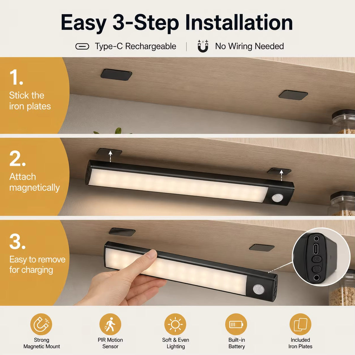 30CM Rechargeable Motion Sensor Modern LED Cabinet Light 3 Color Stepless Dimmable Type-C