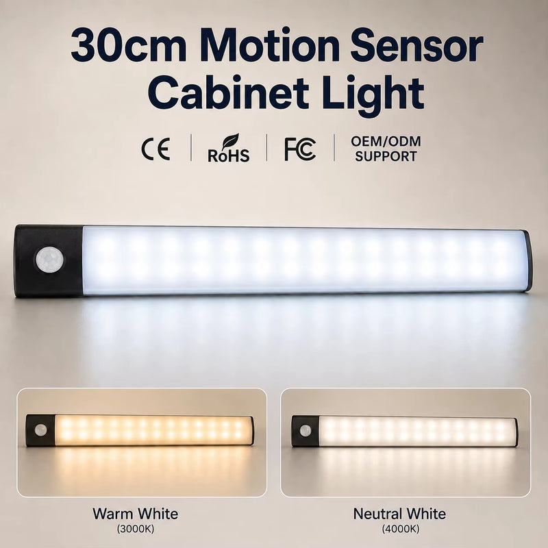 30CM Rechargeable Motion Sensor Modern LED Cabinet Light 3 Color Stepless Dimmable Type-C