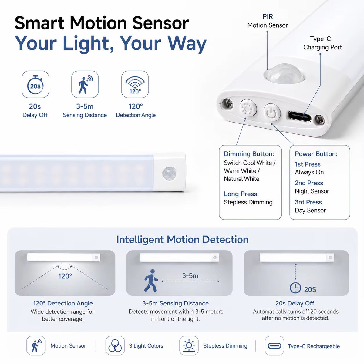 30cm Modern Rechargeable Motion Sensor LED Cabinet Light Under Cabinet Lamp Magnetic 3 Color Stepless Dimming