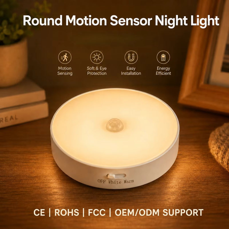 Rechargeable motion sensor LED puck night light warm white