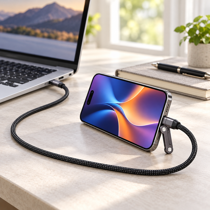 كابل شحن USB-C إلى USB-C مع حامل هاتف قابل للطي