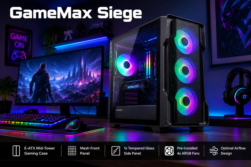 GameMax Siege E-ATX mid-tower gaming PC case black with 4 ARGB fans