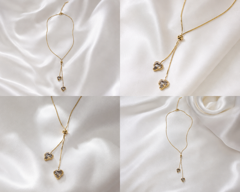Anti-Tarnish Heart Crystal Lariat Necklace
