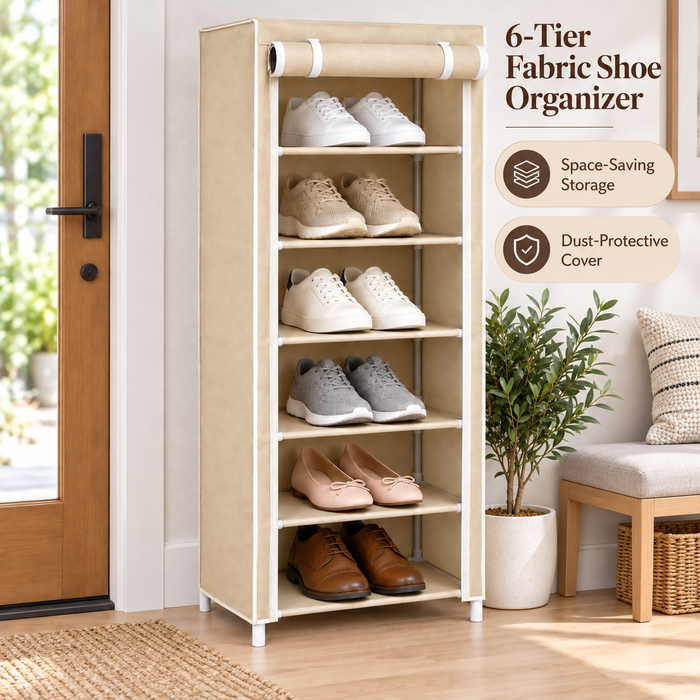 Beige 6-grid fabric shoe cabinet with roll-up cover