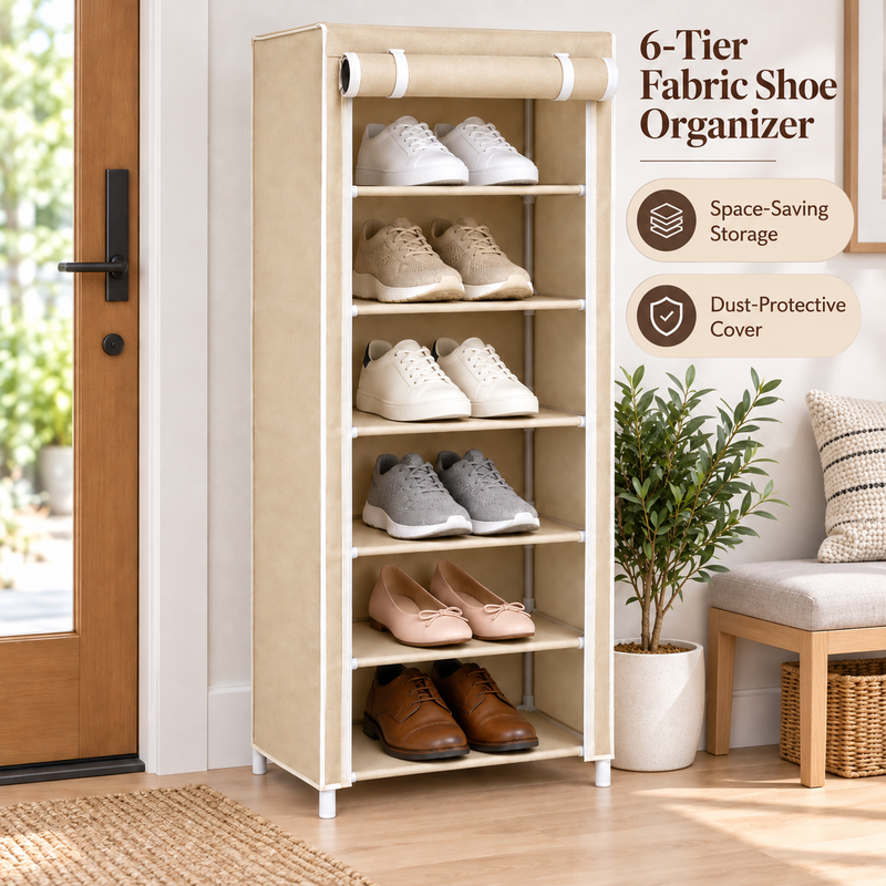 6-Grid Fabric Shoe Cabinet with Roll-Up Cover – Beige