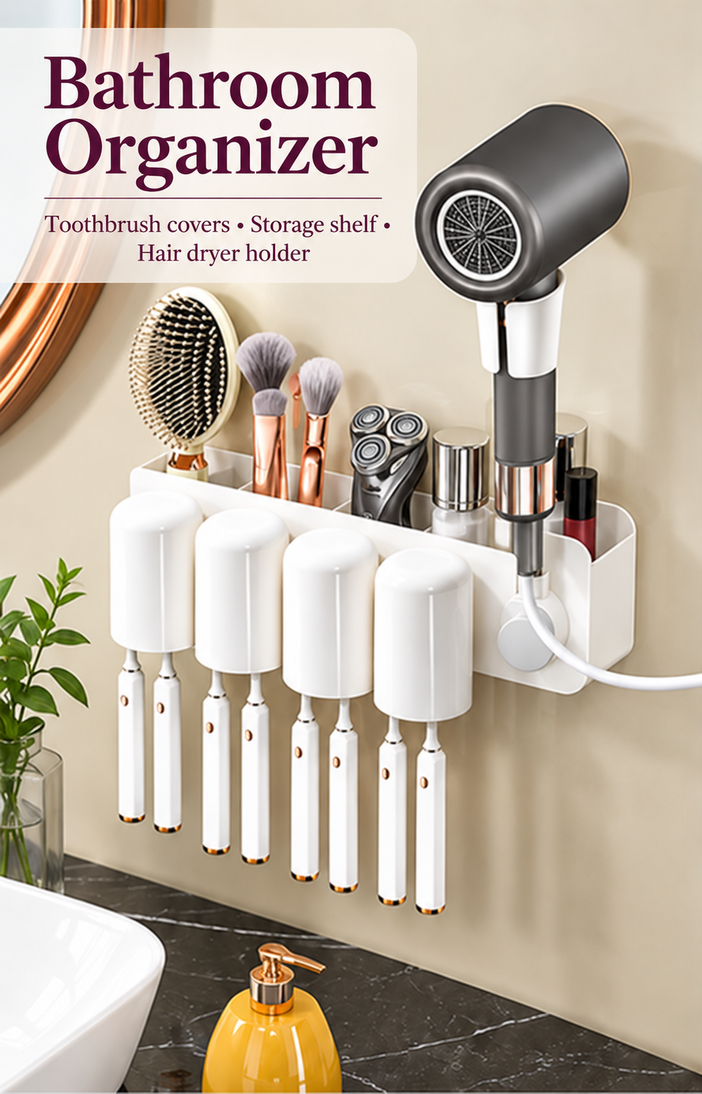 Wall-mounted bathroom organizer with toothbrush cups and hair dryer holder
