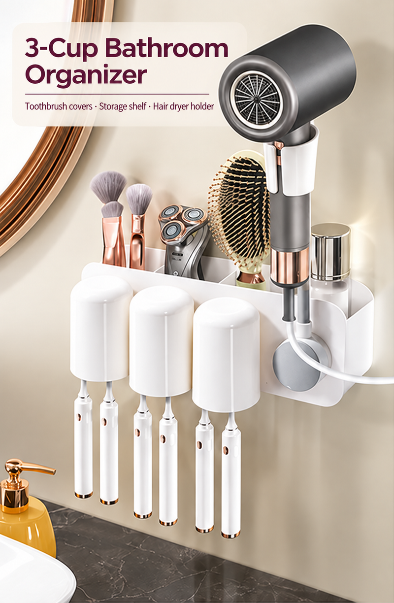 Wall-mounted bathroom organizer with 3 cups and hair dryer holder
