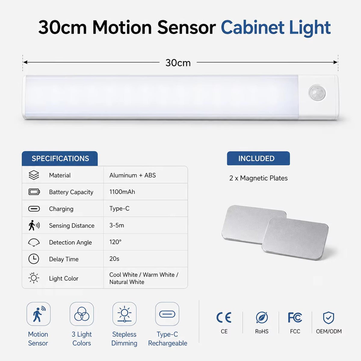 30cm Modern Rechargeable Motion Sensor LED Cabinet Light Under Cabinet Lamp Magnetic 3 Color Stepless Dimming
