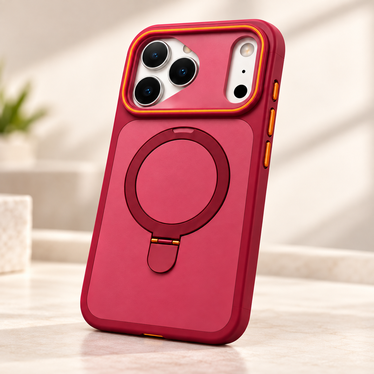 Pink iPhone case with ring stand – back view