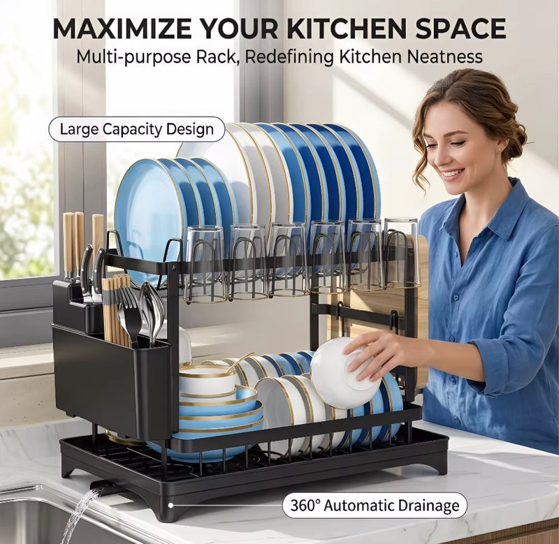 White two-tier metal dish drying rack with plastic tray