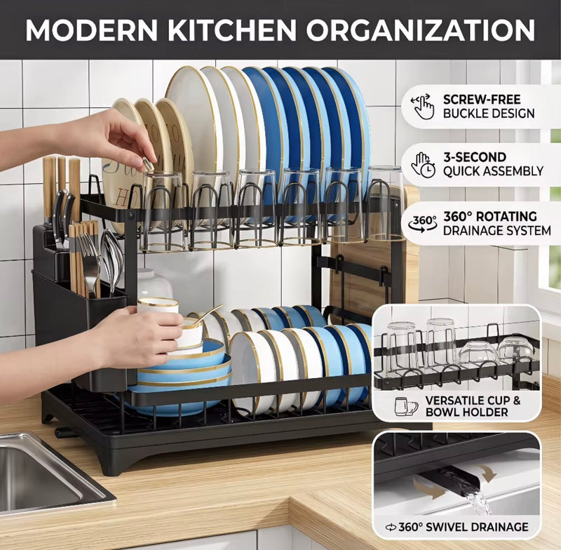 Black two-tier metal dish drying rack with plastic tray