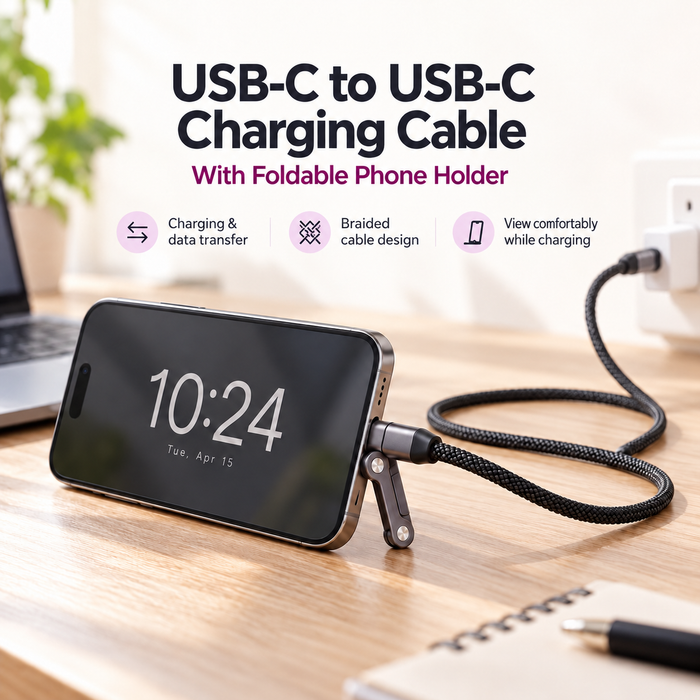 كابل شحن USB-C إلى USB-C مع حامل هاتف قابل للطي