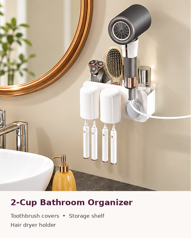 Wall-mounted bathroom organizer with 4 cups and hair dryer holder