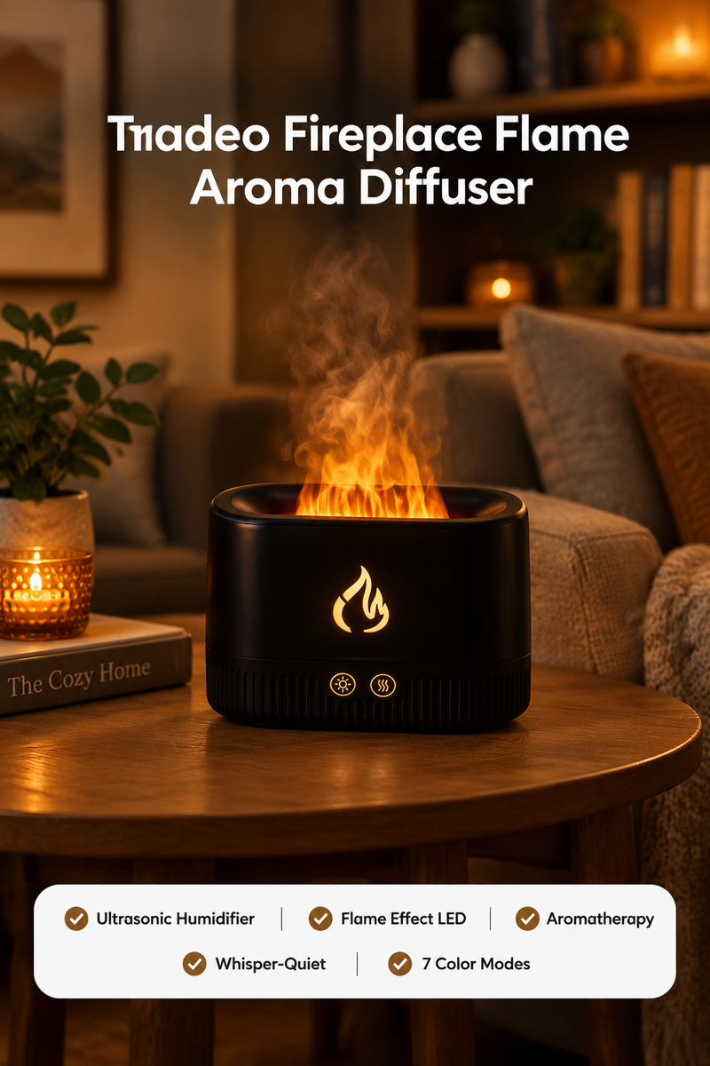 Tradeo fireplace flame aroma diffuser on a bedside table