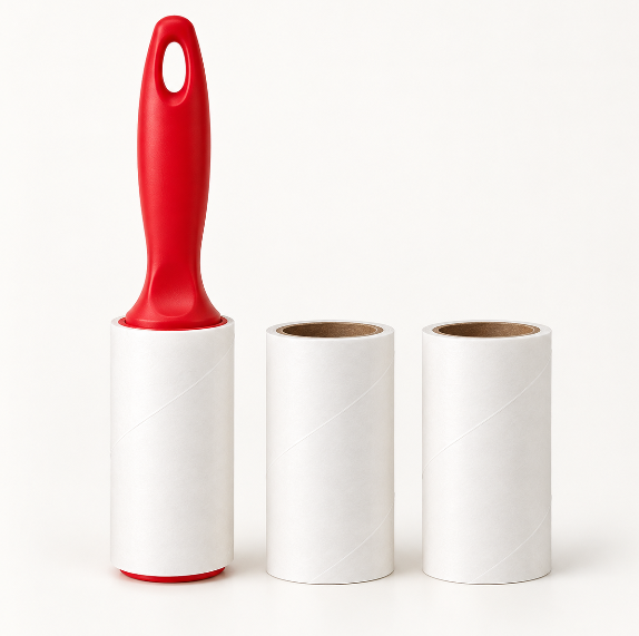 Red lint roller with refill rolls – view 2