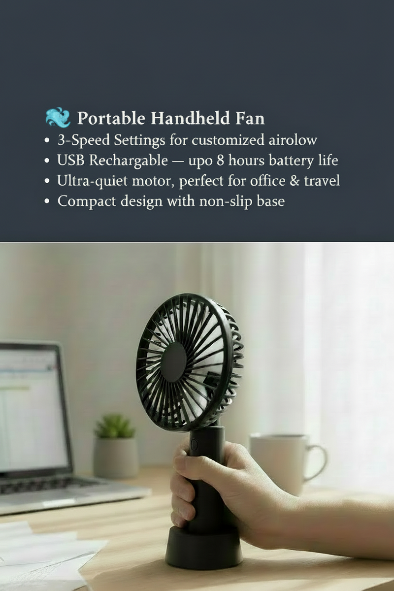 Black portable handheld mini fan with stand