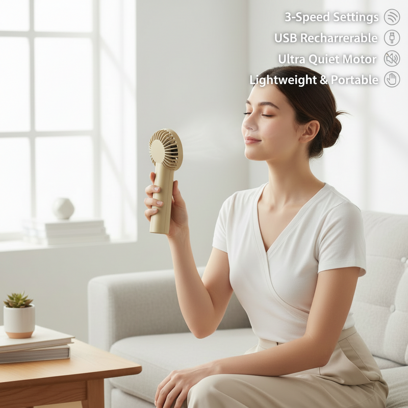 Beige portable rechargeable handheld fan