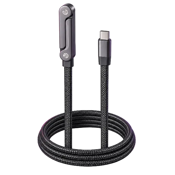 A black braided USB-C to USB-C charging cable with a compact metal connector and a coiled cable, shown on a light pink-to-white gradient background.