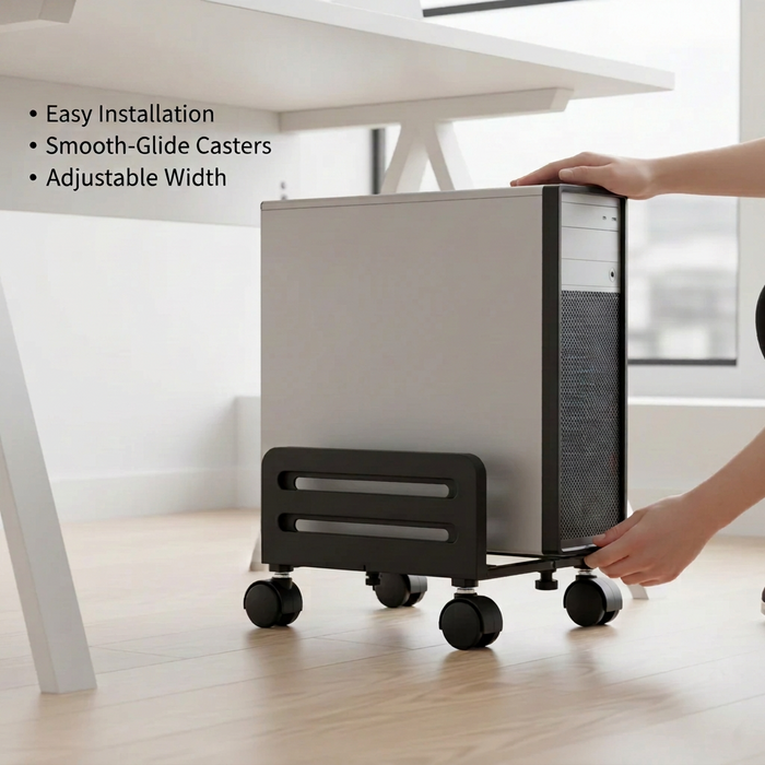 Adjustable black mobile CPU tower stand with wheels